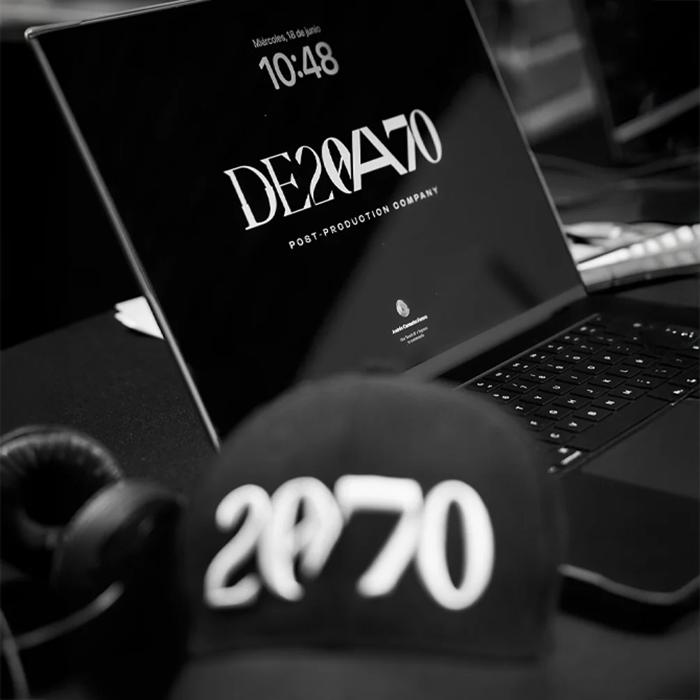 Branding de DE2070 en laptop y gorra en set de postproducción.